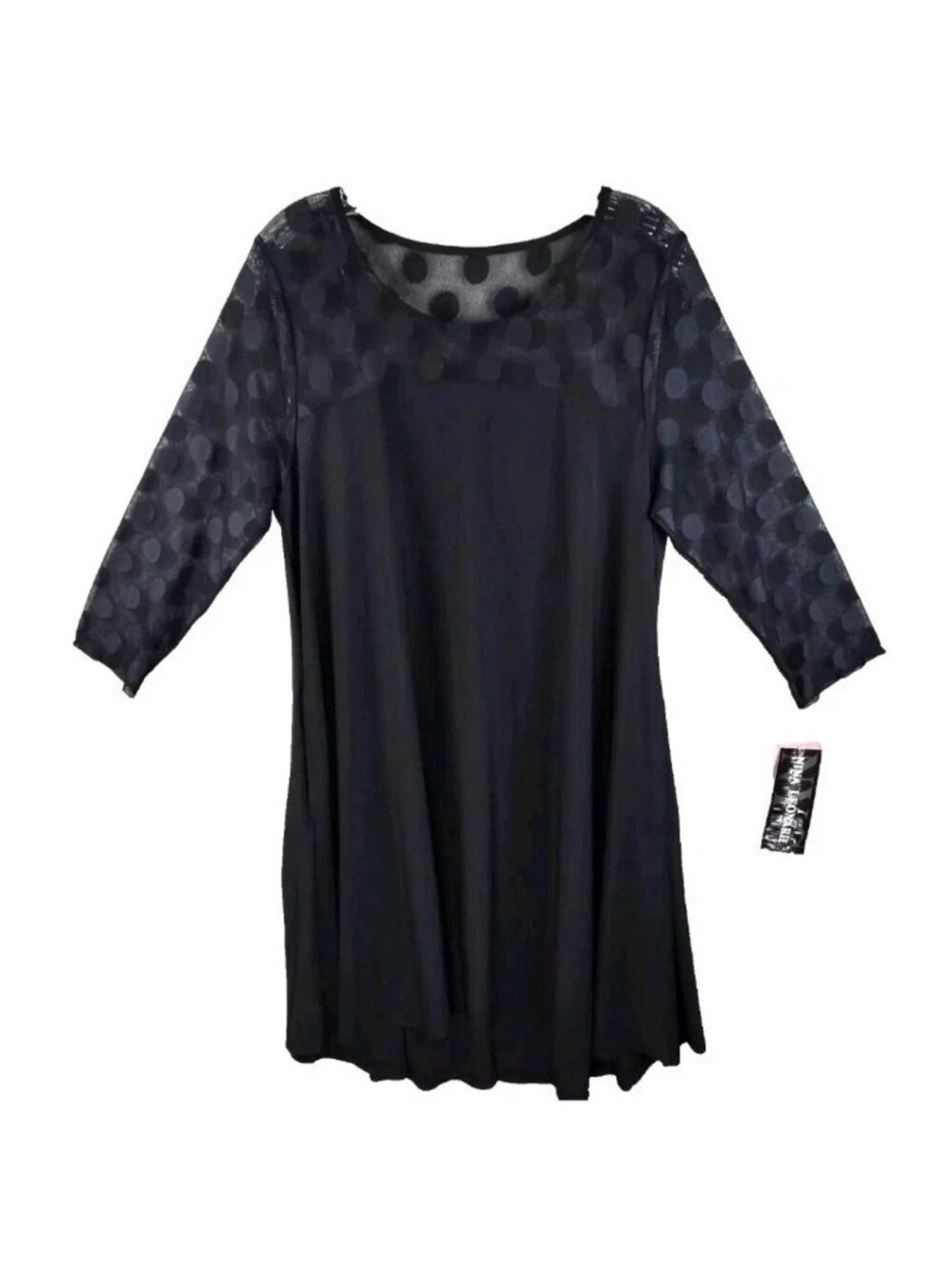 Nina Leonard Dress L NWT Black Polka Dot Illusion Yoke Mesh Swing High Low NEW